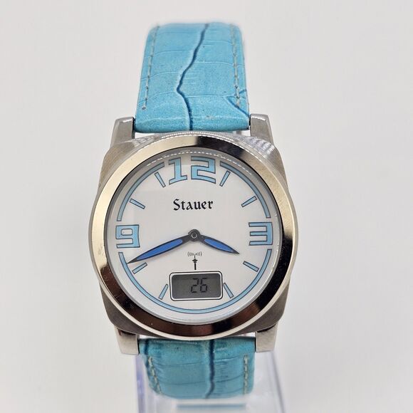 Stauer Women Analog Digital Watch 35MM White Dial Blue Leather Bands New Battery - Picture 1 of 13